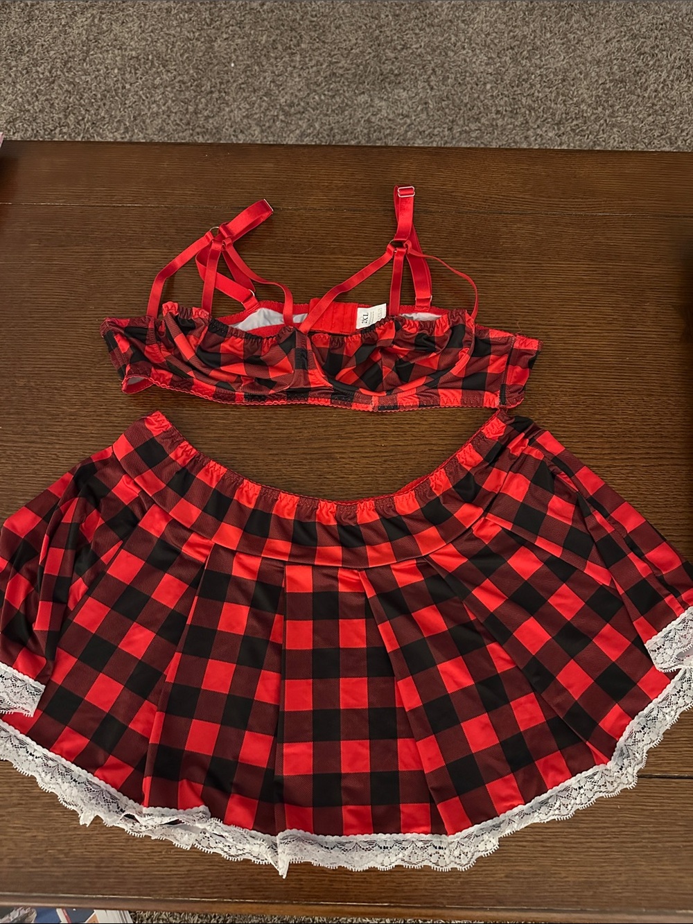 Red & Black Buffalo Plaid Two-Piece Lingerie Set with Lace Trim